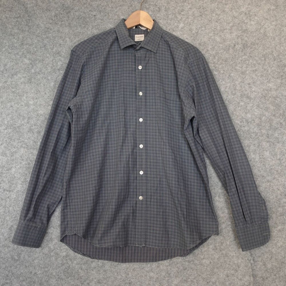 Blue Tattersall‎ Shirt Men Large CULTURATA Navy 16.5 Tailored Patch Pocket ITALY